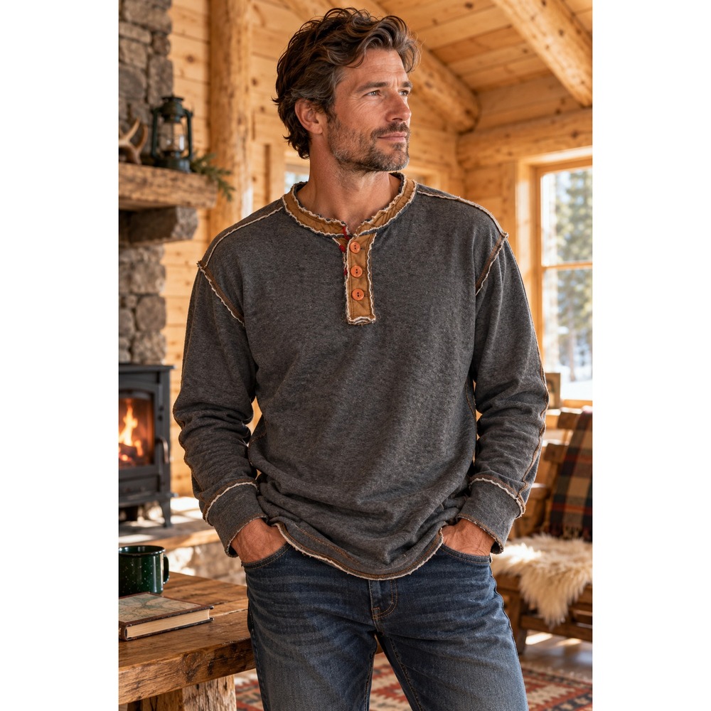 Carbon2Cobalt Mens XL Henley Shirt Gray Distressed Raw Seam 100% Cotton